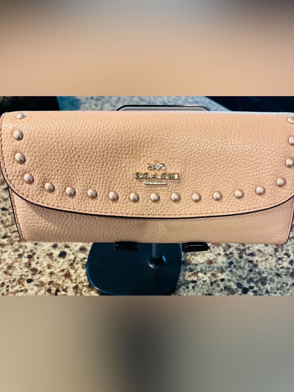 Coach Pebbled Leather wallet- Blush Tan with Gold Studs